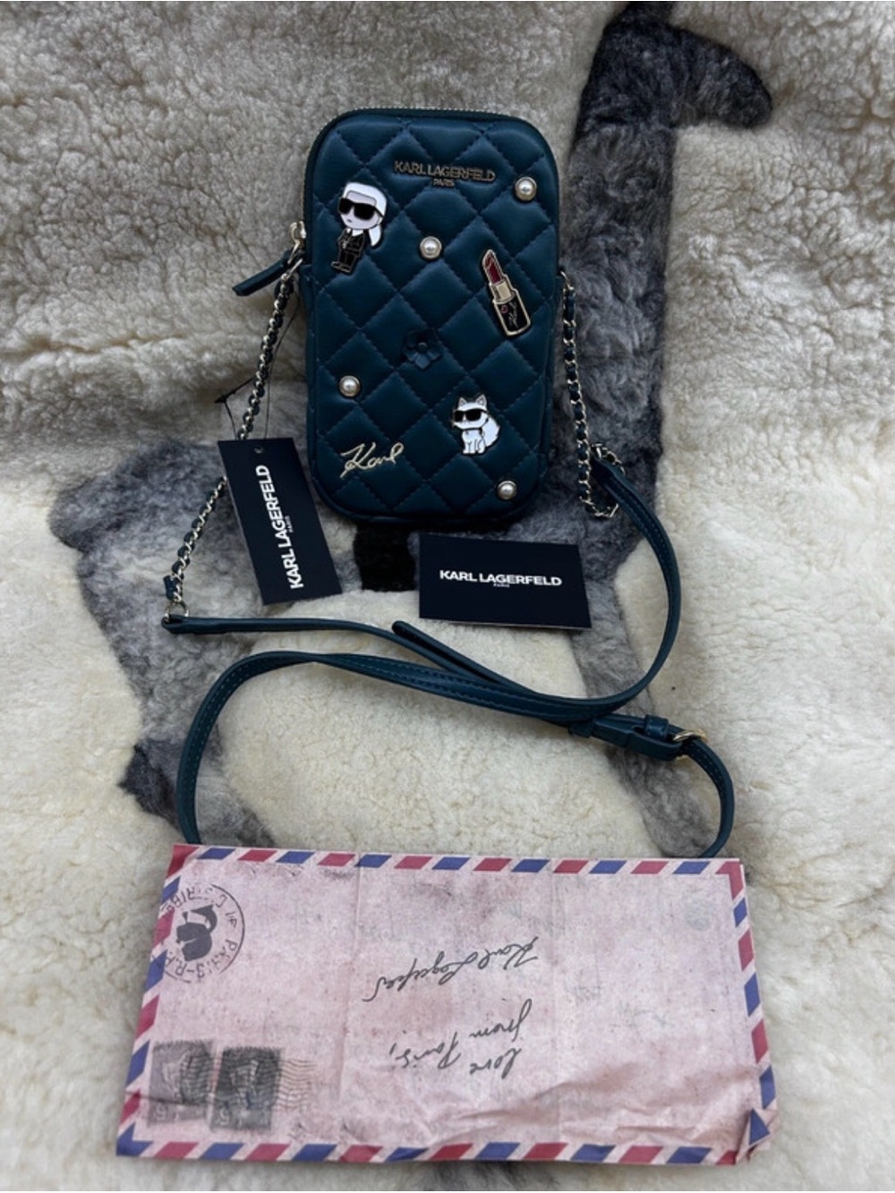 Karl Lagerfeld Quilted Crossbody Bag in Teal with Charms